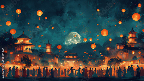 festival of lights in asian with lampingnons in painting style