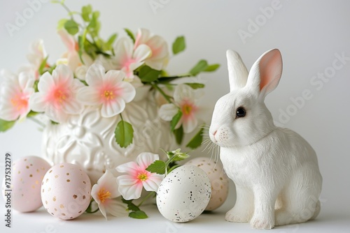 Happy Easter Eggs Basket celebration. Bunny in flower easter slapstick decoration Garden. Cute hare 3d egg characters easter rabbit spring illustration. Holy week Carefree card wallpaper bizarre