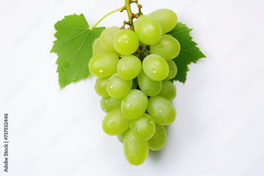 Fototapeta premium Green grape with leaves isolated on white background
