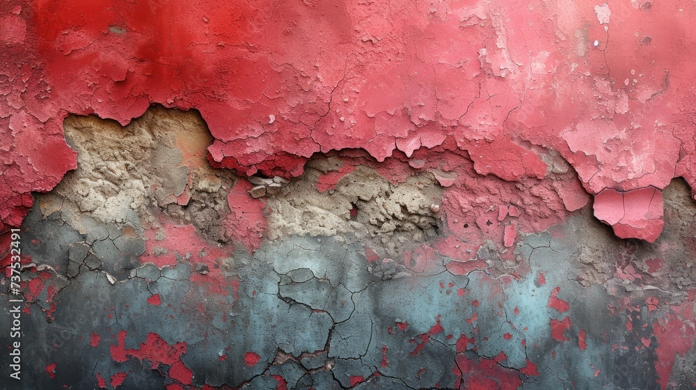 a close up of a wall with a red and gray paint peeling off of it's sides and a black and white background.