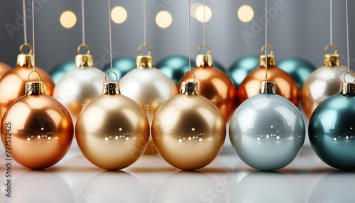 A vibrant row of shiny  gold Christmas ornaments in a circle generated by AI
