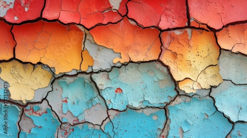 a close up of a peeling paint wall with a blue, yellow, red, and orange paint on it.