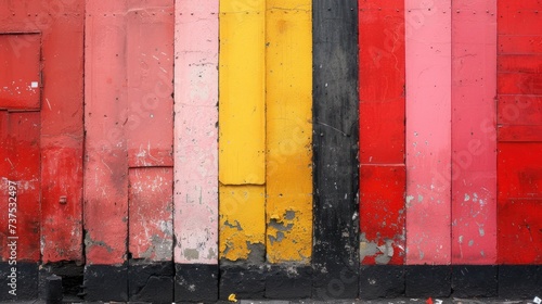 a red, yellow, and black striped wall with a fire hydrant in the foreground and a fire hydrant in the foreground.