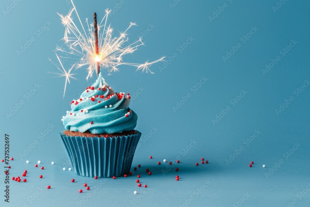 Blue cupcake with sparkler on blue background adorned with red and white sprinkles - obrazy, fototapety, plakaty 