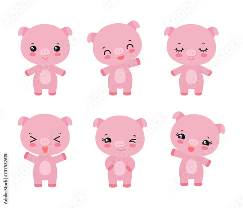 Kawaii pig cheerful facial expressions - calm, happy, laughing, smiling, waving, winking. Baby piglet cute chibi character piggy anime style. Adorable cartoon farm animal emoji vector illustration.
