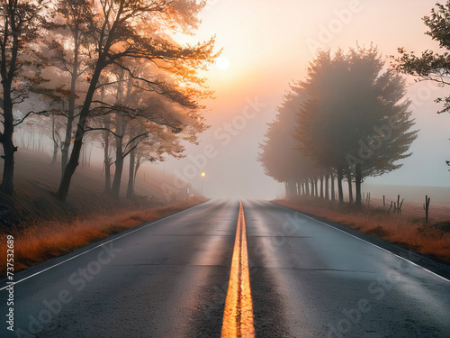 Two Lane Road in the Country with Morning Fog Background