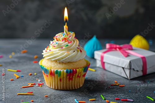 Cupcake with candle and gift for birthday celebration