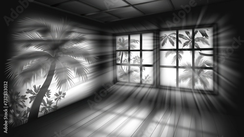 a black and white photo of a room with a palm tree in the window and the sun shining through the window.