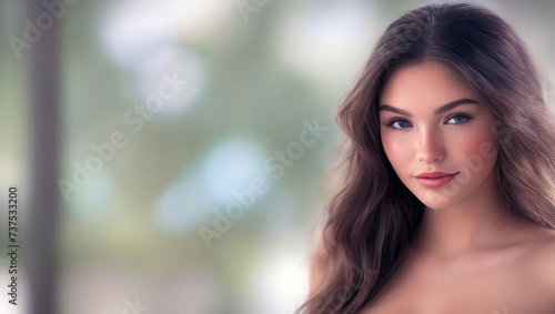 Pretty Brunette Woman with Long Hair on DOF Blurry Green Background
