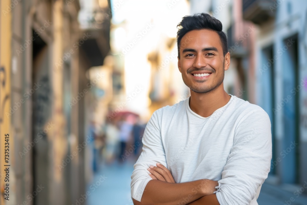 Confident young Hispanic architect standing on the street smiling Confident young Hispanic architect standing on the street smiling