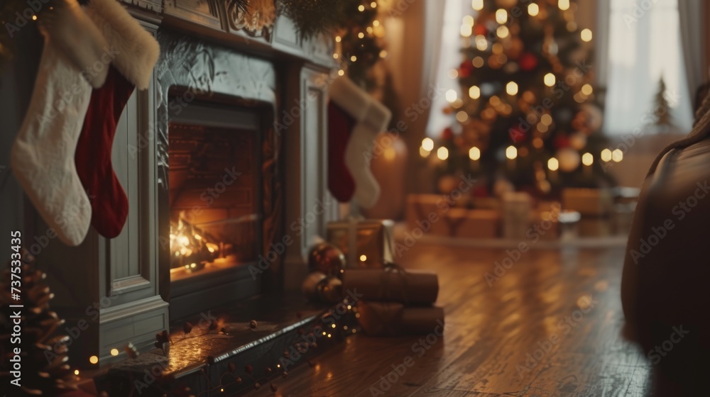 A cozy living room adorned with a beautifully decorated Christmas tree and a warm fireplace. Perfect for adding a festive touch to any holiday-themed project