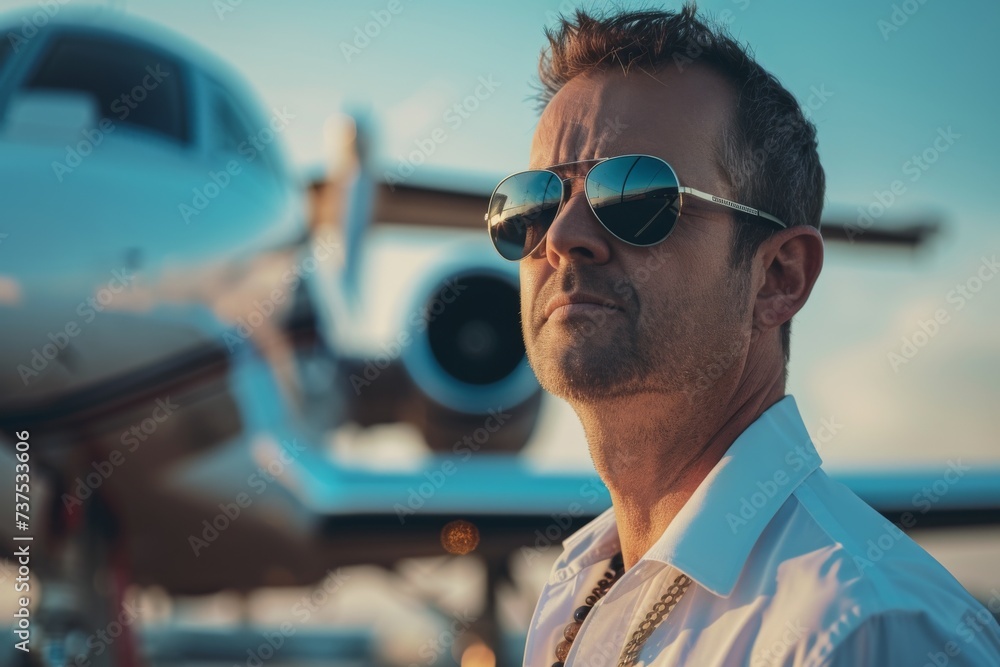 Confident pilot in sunglasses posing near private jet