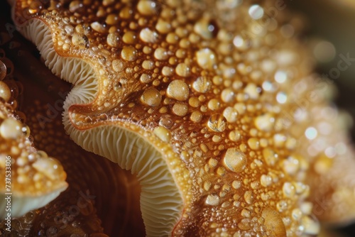 Close up of a mushroom covered in glistening water droplets. Perfect for nature or macro photography projects