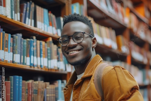 Excited stylish young black man in glasses found desired book in library and smiles at camera