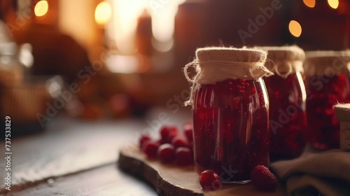 Jars of raspberry jam sitting on a cutting board. Perfect for food and cooking related projects photo
