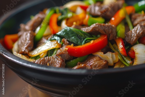Beef and vegetable stir fry cooked in an Asian wok photo