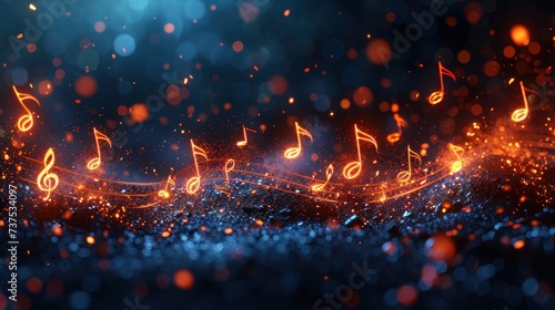 a group of musical notes that are on a blue and orange background with a blurry boke of lights. photo