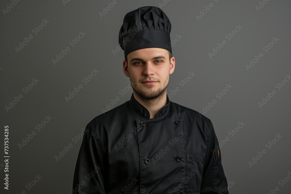 Chef in black uniform gray background portrait Chef in black uniform gray background portrait