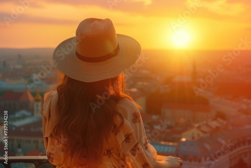 A woman wearing a hat stands and gazes out over a bustling city. This image can be used to depict urban exploration, travel, or the concept of taking in the view