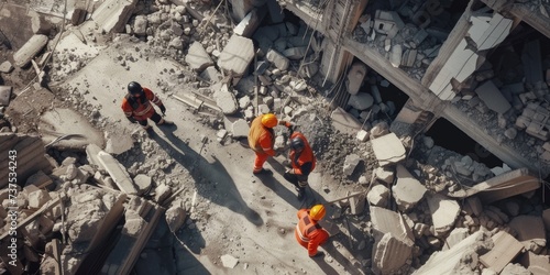 A group of people walking through a rubble area. Suitable for illustrating teamwork, resilience, and urban exploration