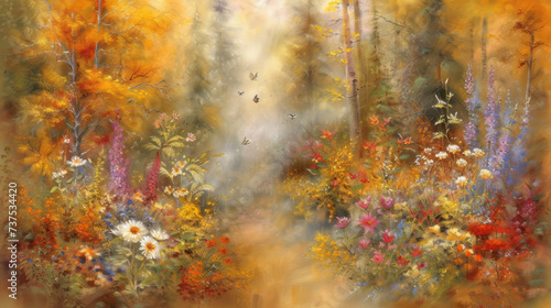 a painting of a forest filled with lots of wildflowers and a stream of water running through the center of the painting.