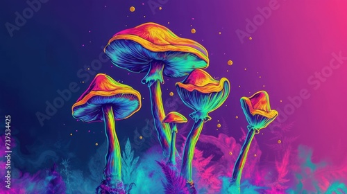 a group of colorful mushrooms sitting on top of a lush green and purple field under a blue and pink sky.