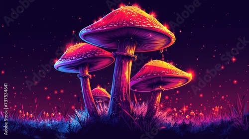 a group of mushrooms sitting on top of a lush green field under a sky filled with stars of different colors.