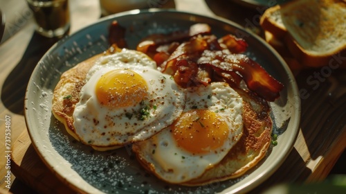 A plate of delicious eggs and bacon, perfect for a hearty breakfast or brunch