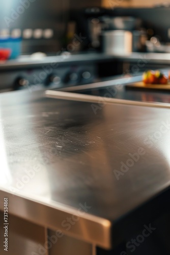 A sleek and modern stainless steel counter top in a kitchen. Perfect for adding a contemporary touch to any culinary space