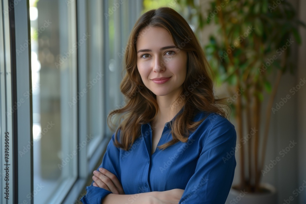 Closeup portrait of a young professional woman confidently posing with crossed arms and a smile isolated indoors in an office setting Closeup portrait of a young professional woman confidently posing with crossed arms and a smile isolated indoors in an office setting