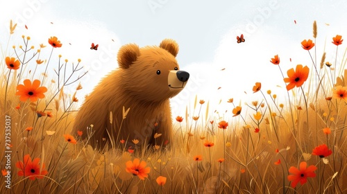 a painting of a brown teddy bear sitting in a field of orange flowers with a blue sky in the background. #737535037