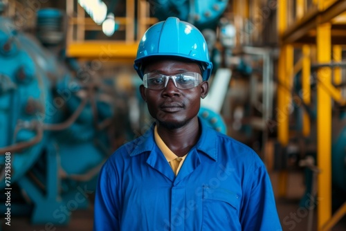 Confident African male engineers in blue suits and helmets representing smart industry workers stand in front of an indoor factory