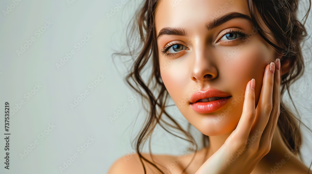 Photo of skincare and cosmetics concept with copy space for text. Woman with beautiful face touching healthy facial skin portrait. Photo of skincare and cosmetics concept with copy space for text. Woman with beautiful face touching healthy facial skin portrait.
