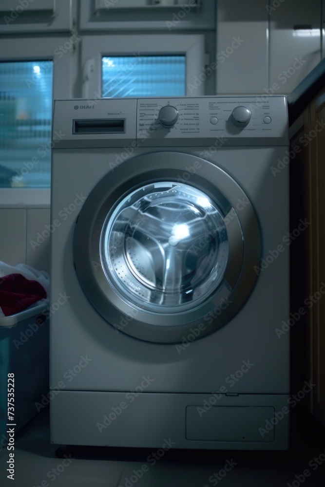 A washing machine is placed in a kitchen, conveniently located next to a window. Ideal for showcasing modern laundry appliances in a domestic setting A washing machine is placed in a kitchen, conveniently located next to a window. Ideal for showcasing modern laundry appliances in a domestic setting