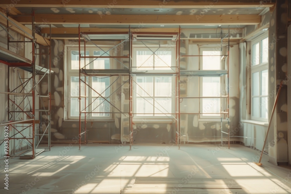 A room with scaffolding and scaffolding equipment. This image can be used to depict construction, renovation, or building projects A room with scaffolding and scaffolding equipment. This image can be used to depict construction, renovation, or building projects