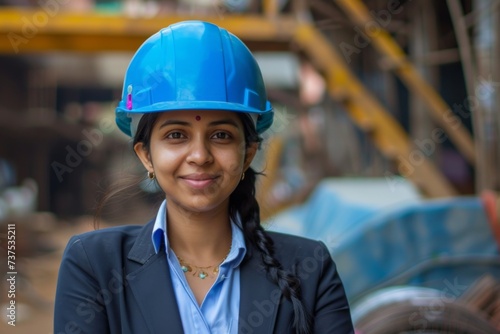 Busy Indian female engineer working confidently on a construction site wearing a helmet and a suit