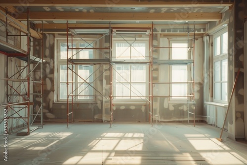A room with scaffolding and scaffolding equipment. This image can be used to depict construction, renovation, or building projects