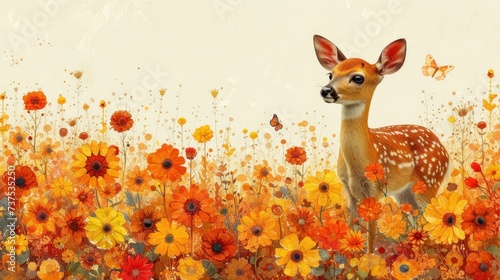 a painting of a fawn standing in a field of flowers with a butterfly flying over the top of it.