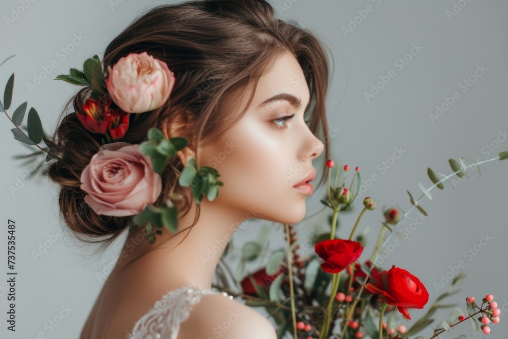 Fashion models with flowers beautiful bride makeup and hairstyle studio shot on gray background