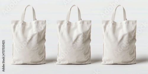 Three white canvas bags sitting next to each other. Can be used for various purposes