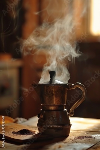 A steaming coffee pot sitting on top of a wooden table. Perfect for showcasing the comforting warmth of a freshly brewed cup of coffee. Ideal for coffee shop menus, kitchen decor, and lifestyle blogs