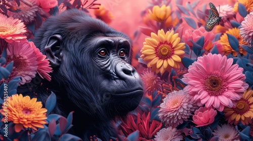 a monkey in a field of flowers with a butterfly on its nose and a butterfly on its nose, in the middle of the picture.