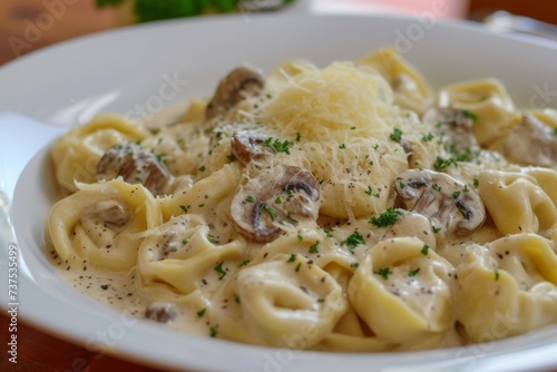 Creamy mushroom sauce tops tortellini sprinkled with grated cheese