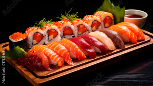 A luxurious spread of sushi and sashimi on a dark wooden board displays a rich tapestry of textures and hues, from fresh salmon to creamy rolls