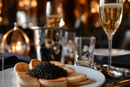 Fototapeta Naklejka Na Ścianę i Meble -  Black caviar blinis and champagne in an upscale restaurant