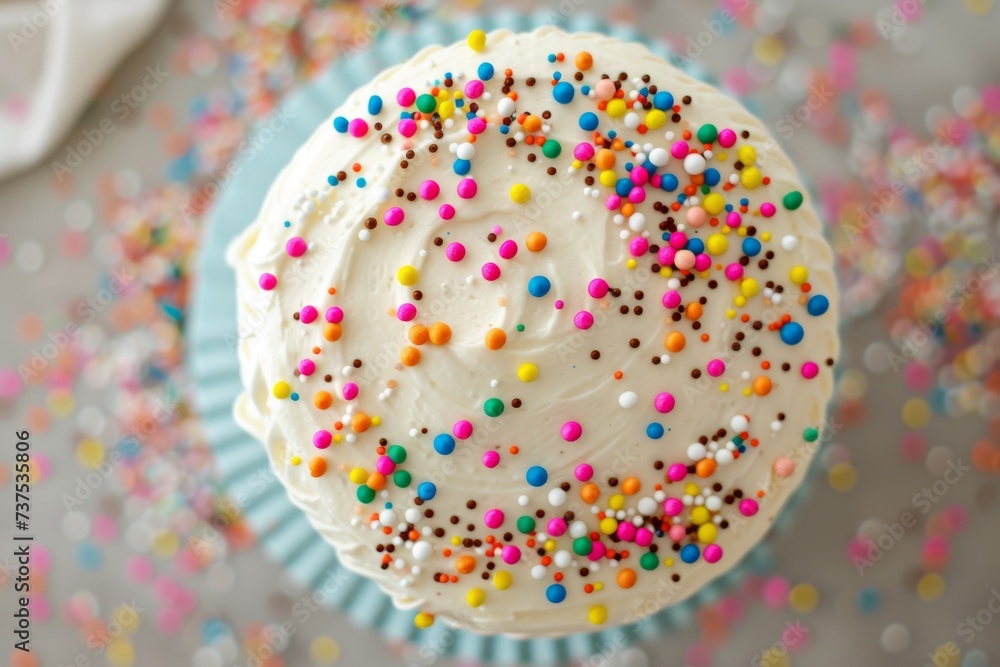 Colorful sprinkles on a birthday cake viewed from above Colorful sprinkles on a birthday cake viewed from above