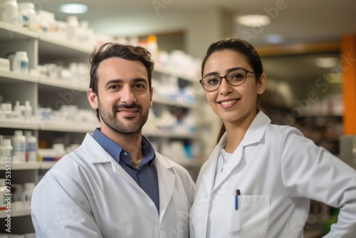 a man and a woman are posing for a picture in a pharmacy