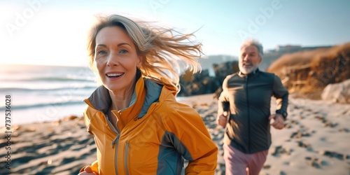 Blond senior retired beautiful woman running along the sea or ocean coast beach with her retiree husband on sunny day leading active sporty lifestyle