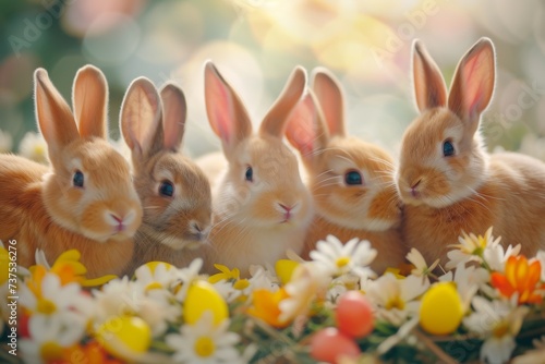 Happy Easter Eggs Basket Easter Sunday. Bunny in flower easter rejoice decoration Garden. Cute hare 3d Poster Design easter rabbit spring illustration. Holy week faith card wallpaper belly laugh