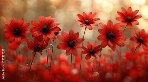 a group of red flowers in a field of red flowers with a boke of blurry lights in the background.